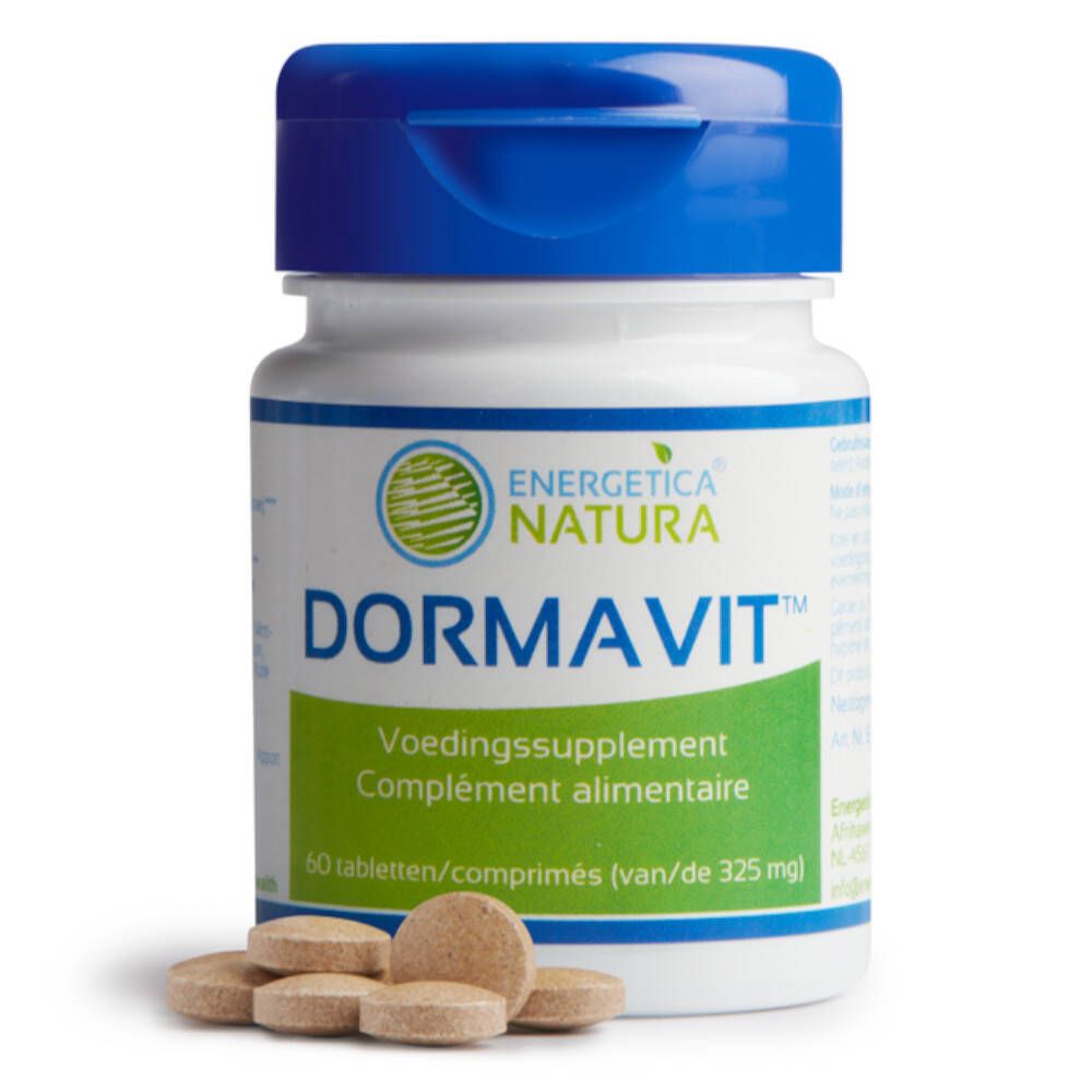 Flacon de comprimés avec comprimés à côté. Inscription: Dormavit, Energetica Natura. 60 comprimés.