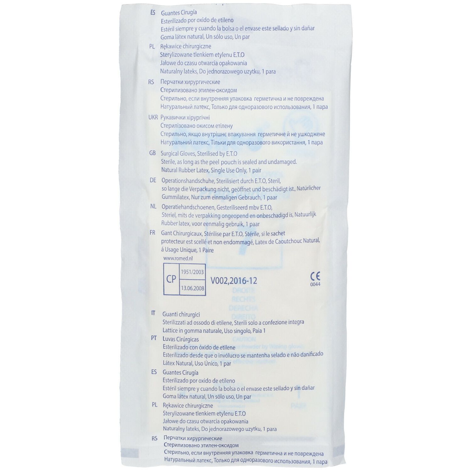 Achterkant van de verpakking met Romed chirurgische handschoenen. Steriele, voorgepoederde latex handschoenen. Enkele verpakking.