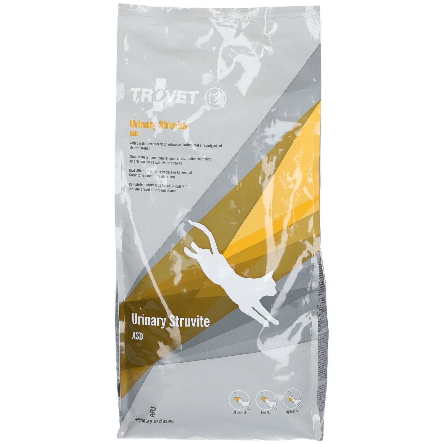 Beutel TROVET ASD Urin Struvit Katzenfutter. Graue Verpackung mit gelben Akzenten und Katzen-Silhouette. Text: Urinary Struvite.