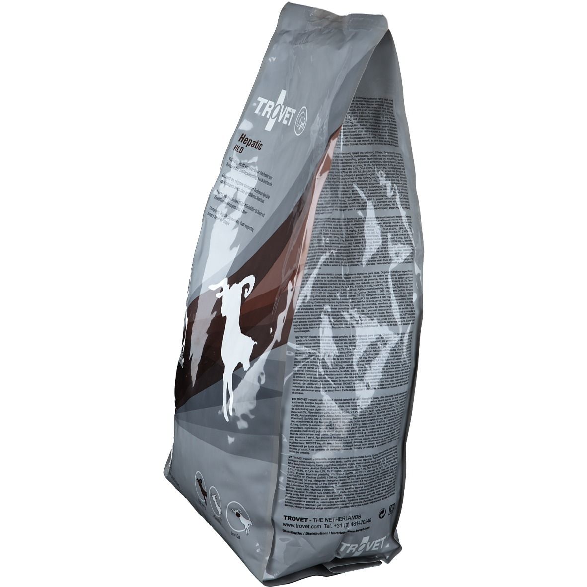 Sac de nourriture pour animaux en biais. Inscription : TROVET, Hepatic HLD. Couleurs grises et marron.