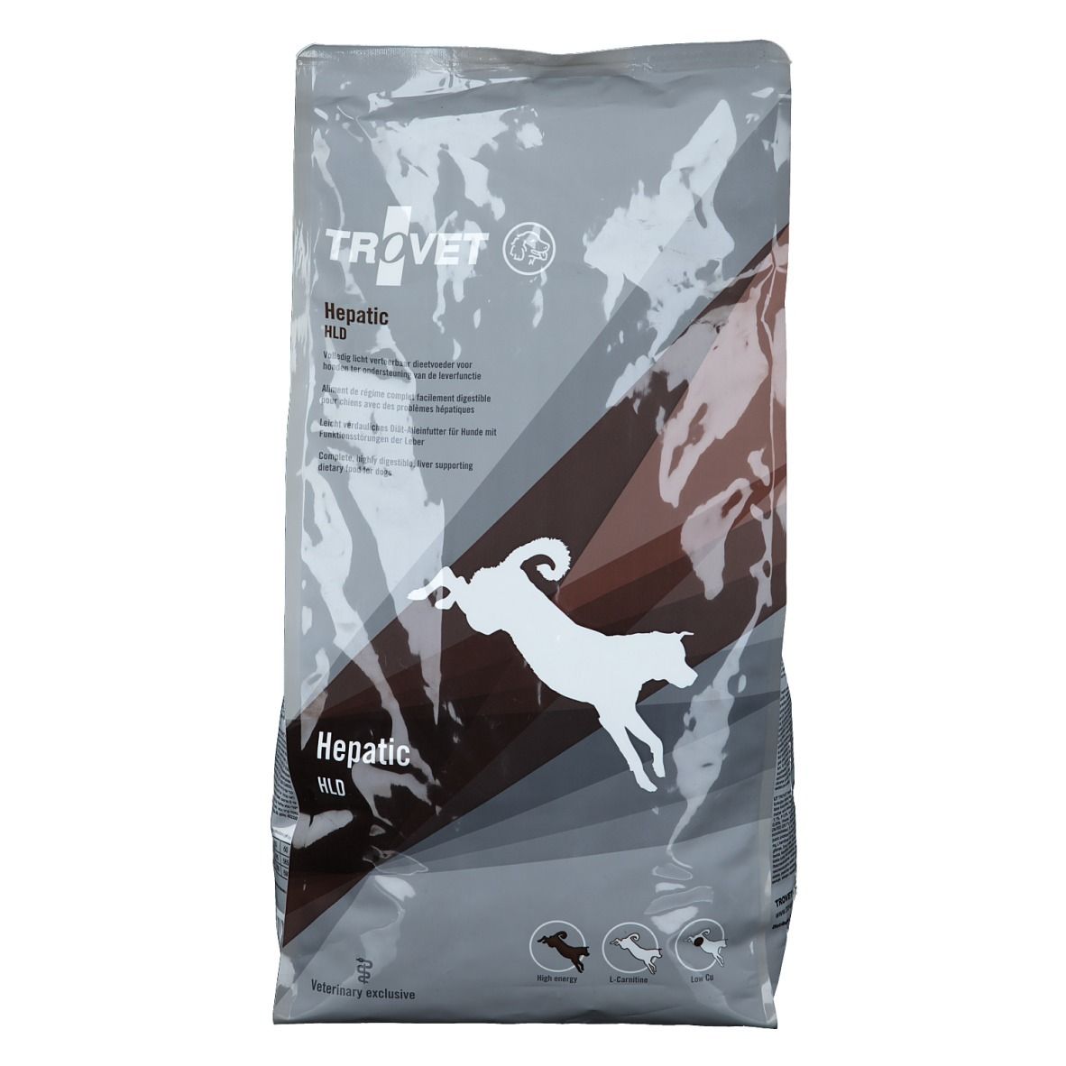 Sac de nourriture pour animaux. Inscription : TROVET, Hepatic HLD. Illustration d'un chien. Couleurs grises et marron.