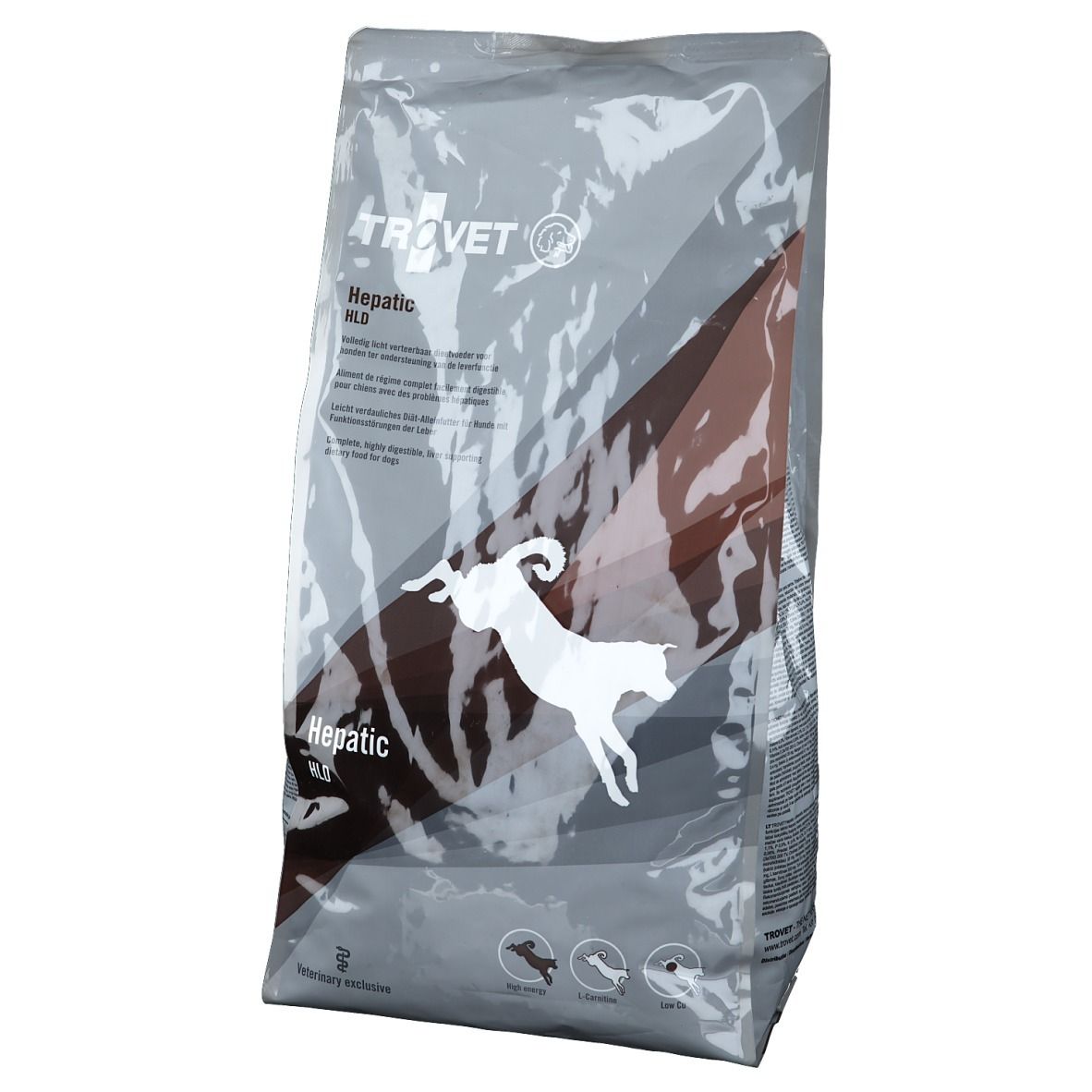 Sac de nourriture pour animaux. Inscription : TROVET, Hepatic HLD. Illustration d'un chien. Couleurs grises et marron.