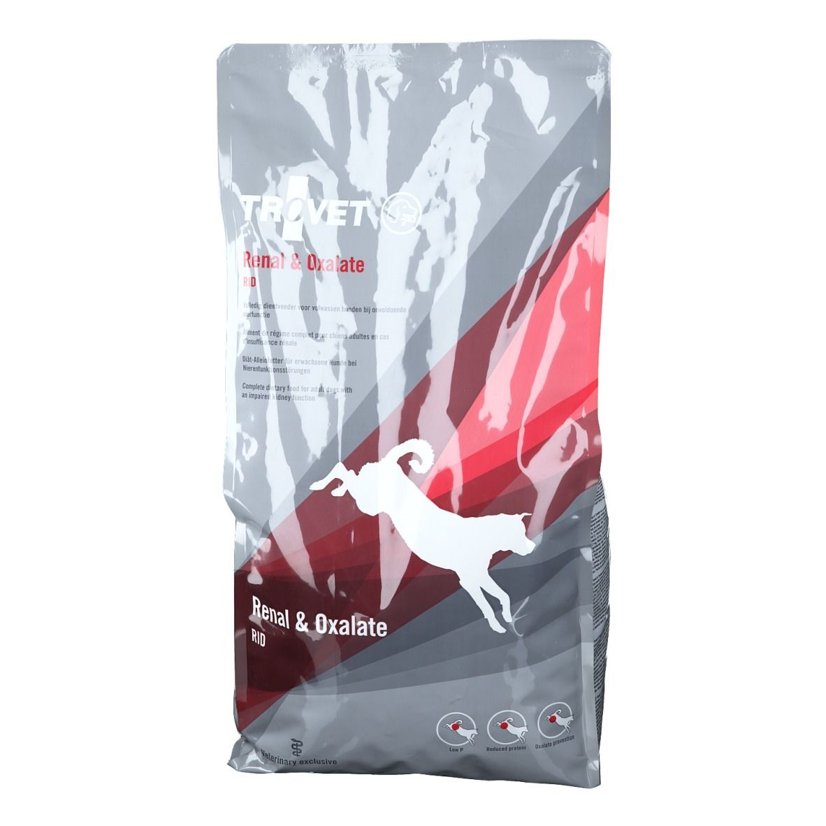 Grijze verpakking met productnaam en logo. Een springende hond is afgebeeld. Tekst: Renal & Oxalate RID.