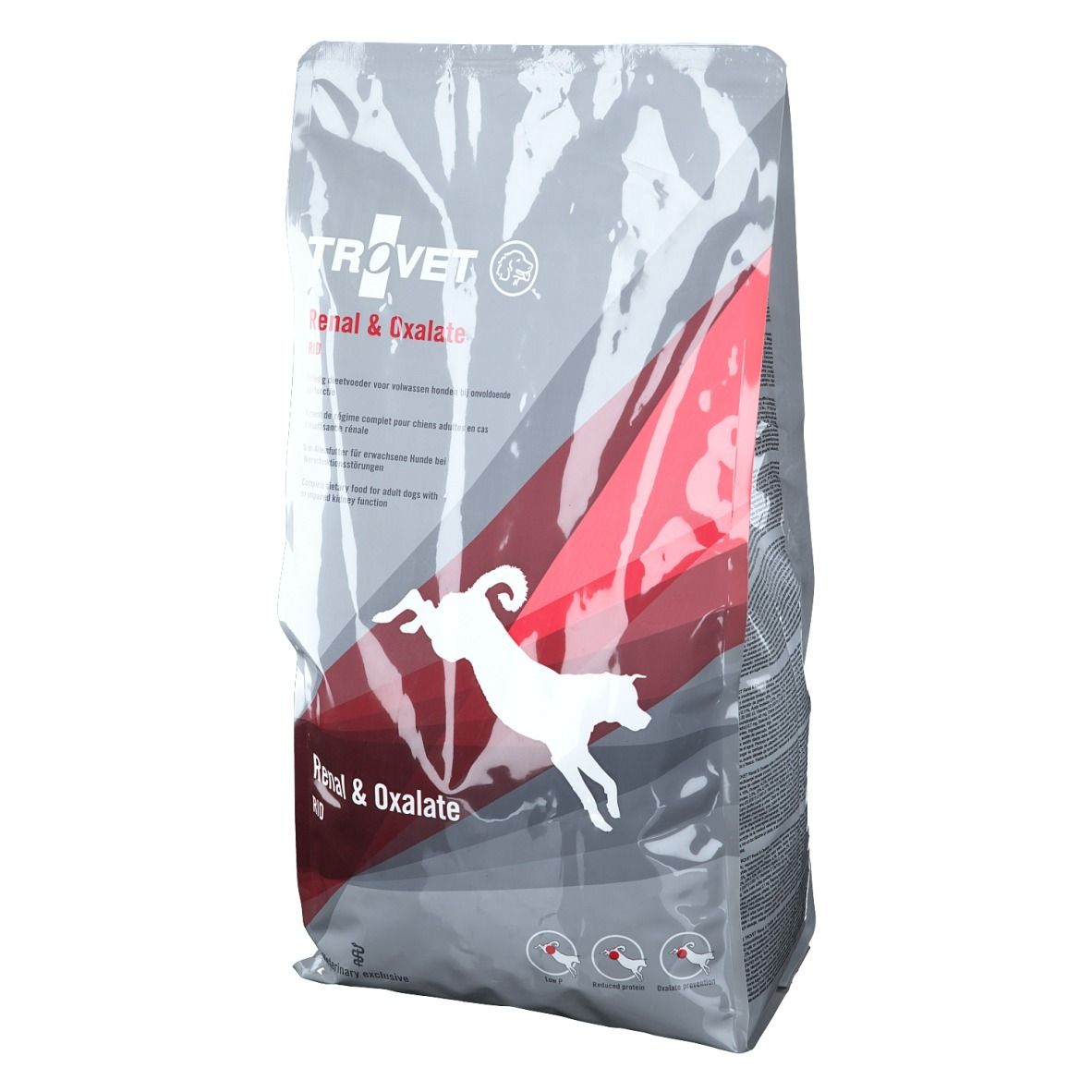 Grijze verpakking met productnaam en logo. Een springende hond is afgebeeld. Tekst: Renal & Oxalate RID.