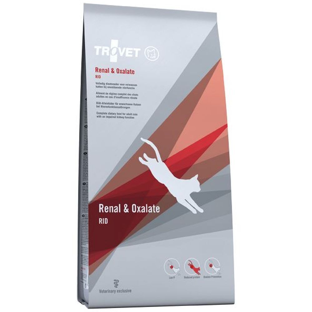 Beutel mit Katzenfutter. Aufschrift: TROVET, Renal & Oxalate RID. Abbildung einer springenden Katze. Rote und graue Farbgebung.