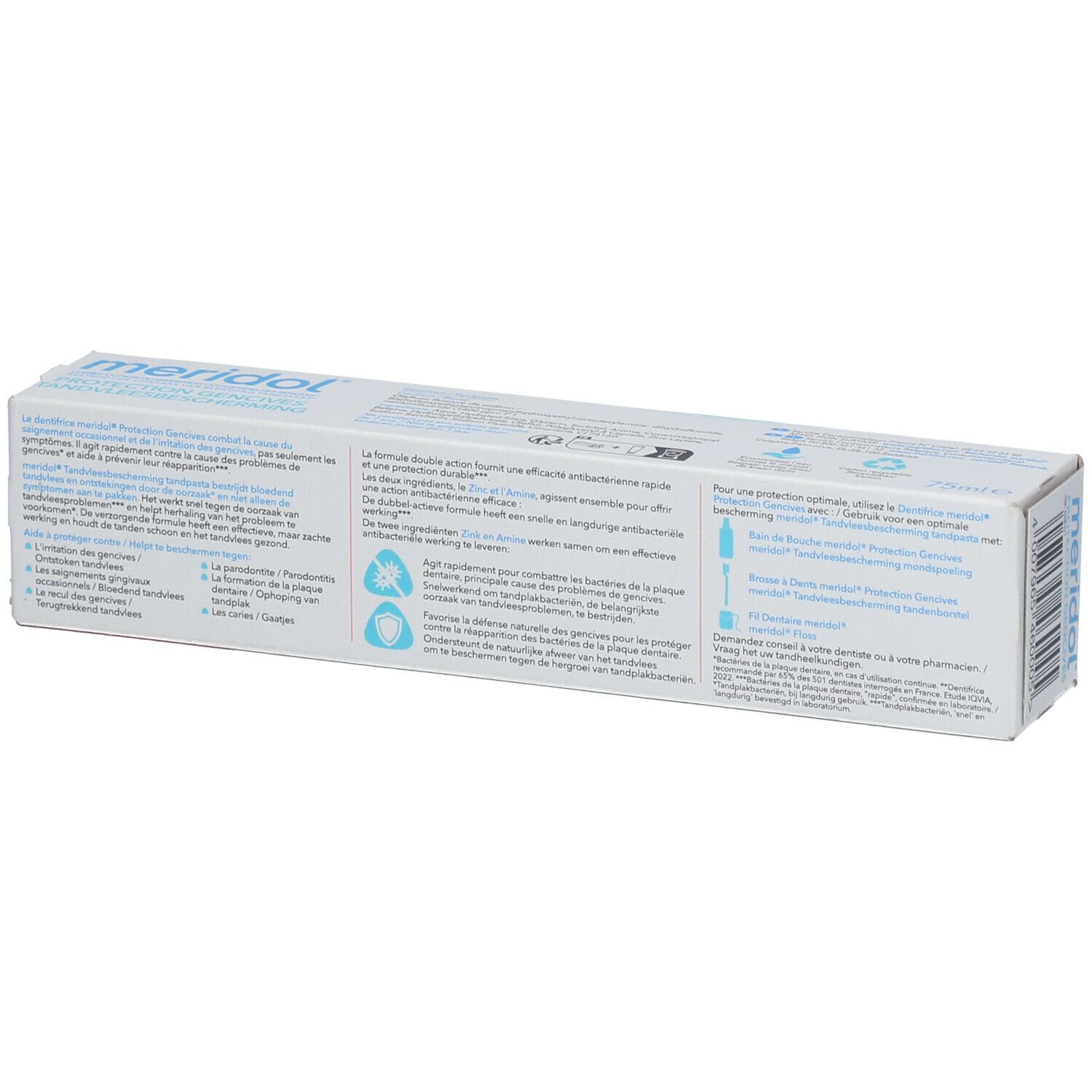 Rückseite der Zahnpasta-Verpackung. Text in mehreren Sprachen, Recycling-Symbole und Produktinformationen.