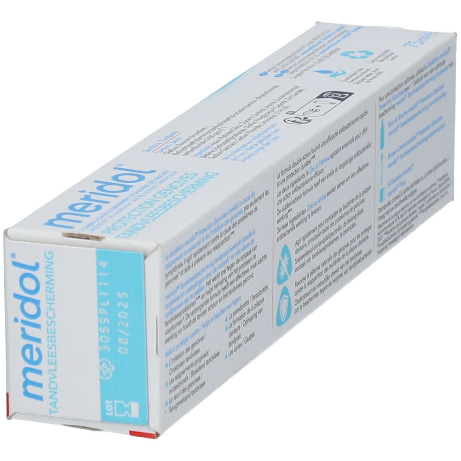 Schräg gestellte Zahnpasta-Verpackung. Rückseite mit Text, Recycling-Symbolen und Produktinformationen.