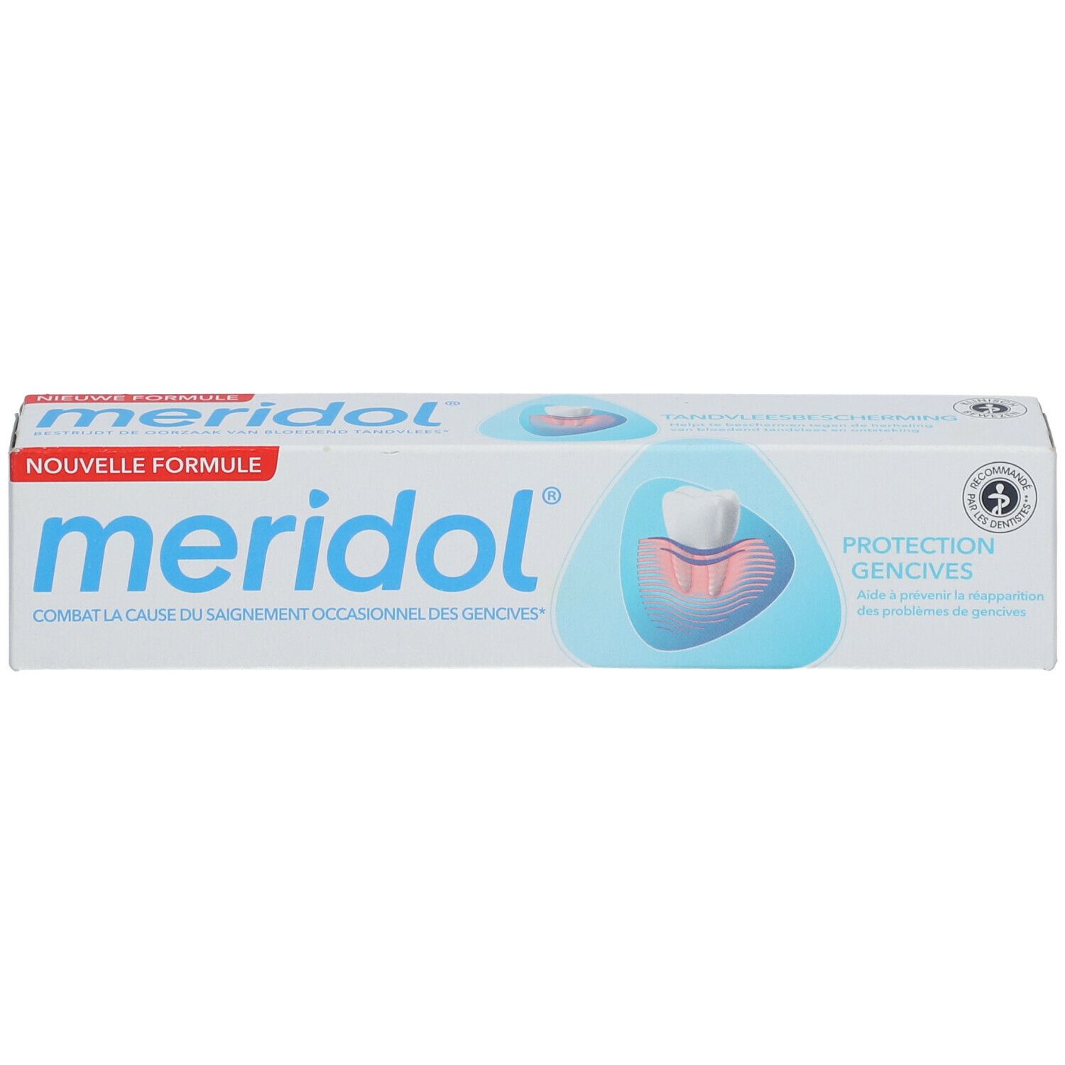 Zahnpasta-Tube, weiß-blau, mit "meridol"-Logo und Text. "Protection gencives" und Illustration eines Zahns.