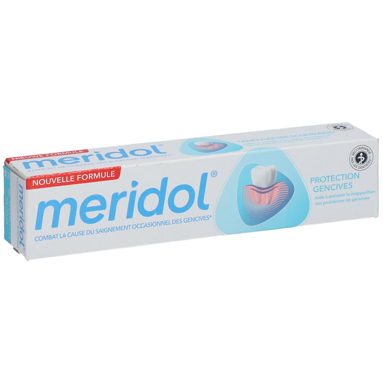 Zahnpasta-Tube, weiß-blau, mit "meridol"-Logo und Text. "Protection gencives" und Illustration eines Zahns.