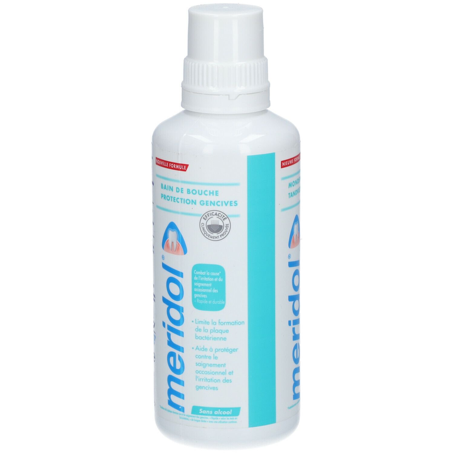 Witte fles met blauw-turkoois etiket. Opschrift: meridol, mondspoeling, tandvleesbescherming. Met schroefdop.