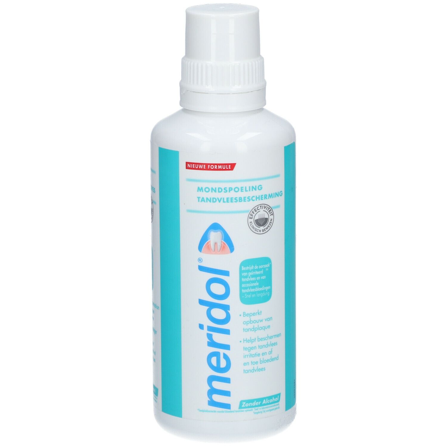Witte fles met blauw-turkoois etiket. Opschrift: meridol, mondspoeling, tandvleesbescherming. Met schroefdop.