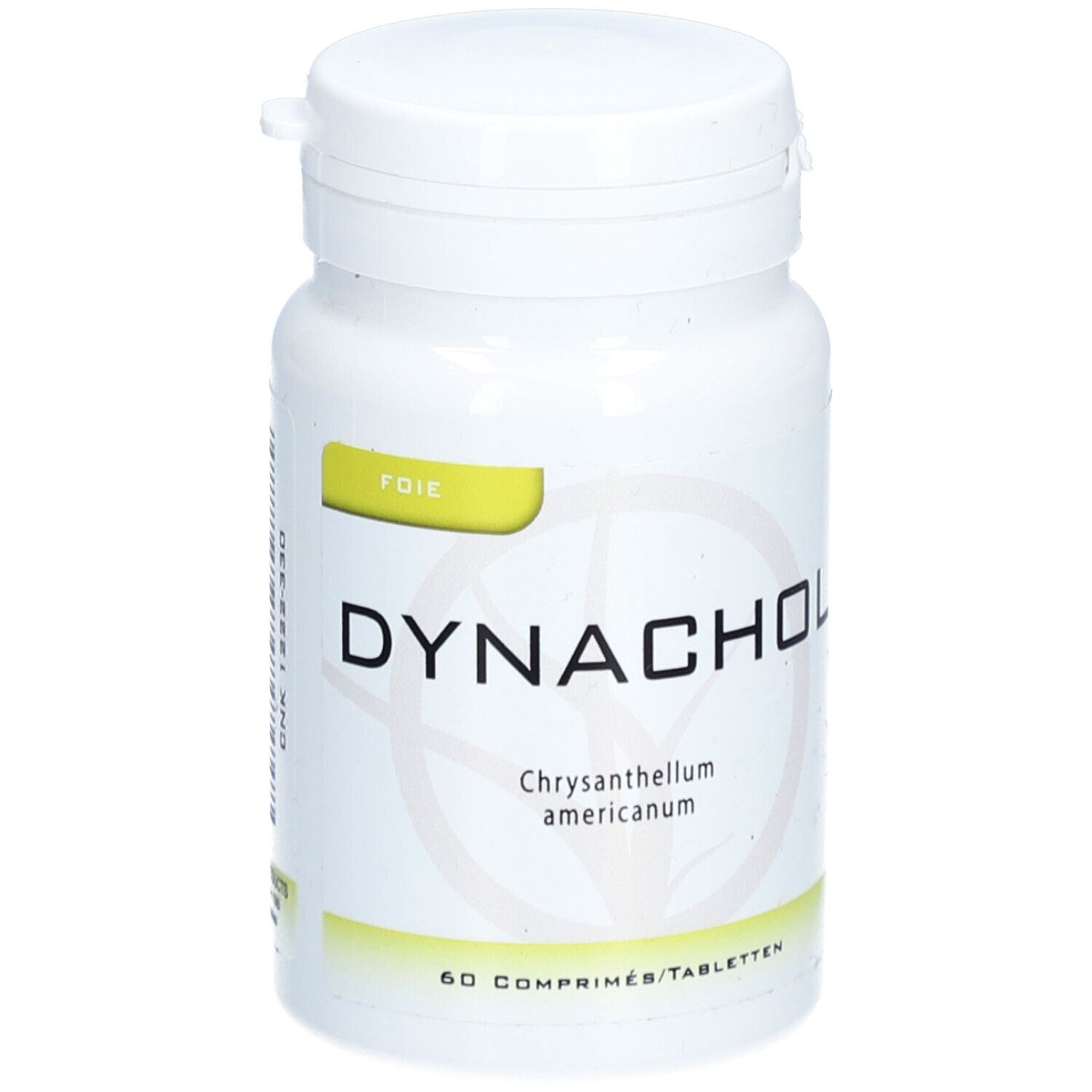 Flacon blanc de comprimés Dynachol. Inscription: Chrysanthellum americanum. 60 comprimés. Fermeture à vis.