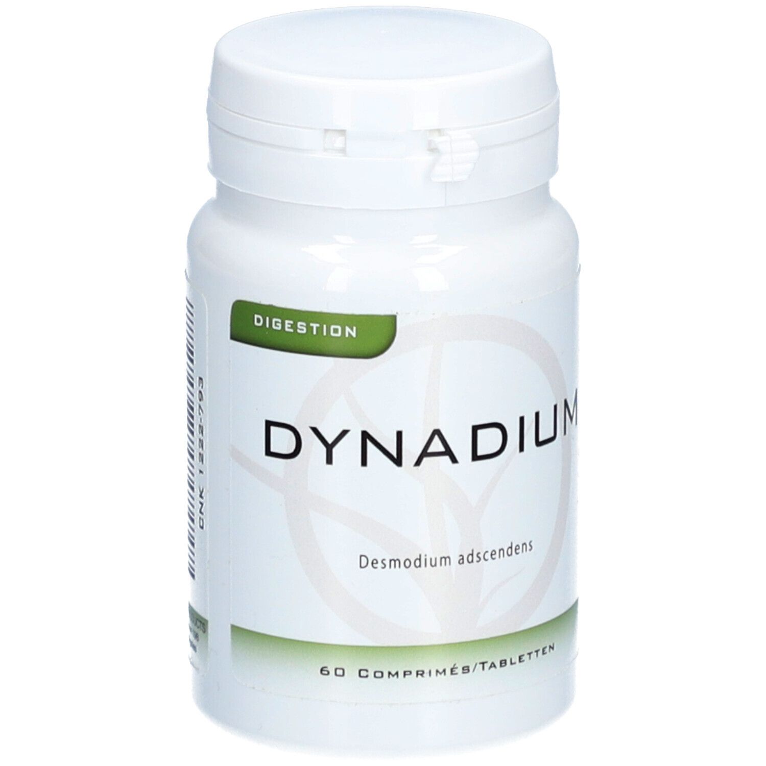 Flacon blanc de comprimés avec étiquette verte. Inscription: DYNADIUM, 60 comprimés. Digestion.