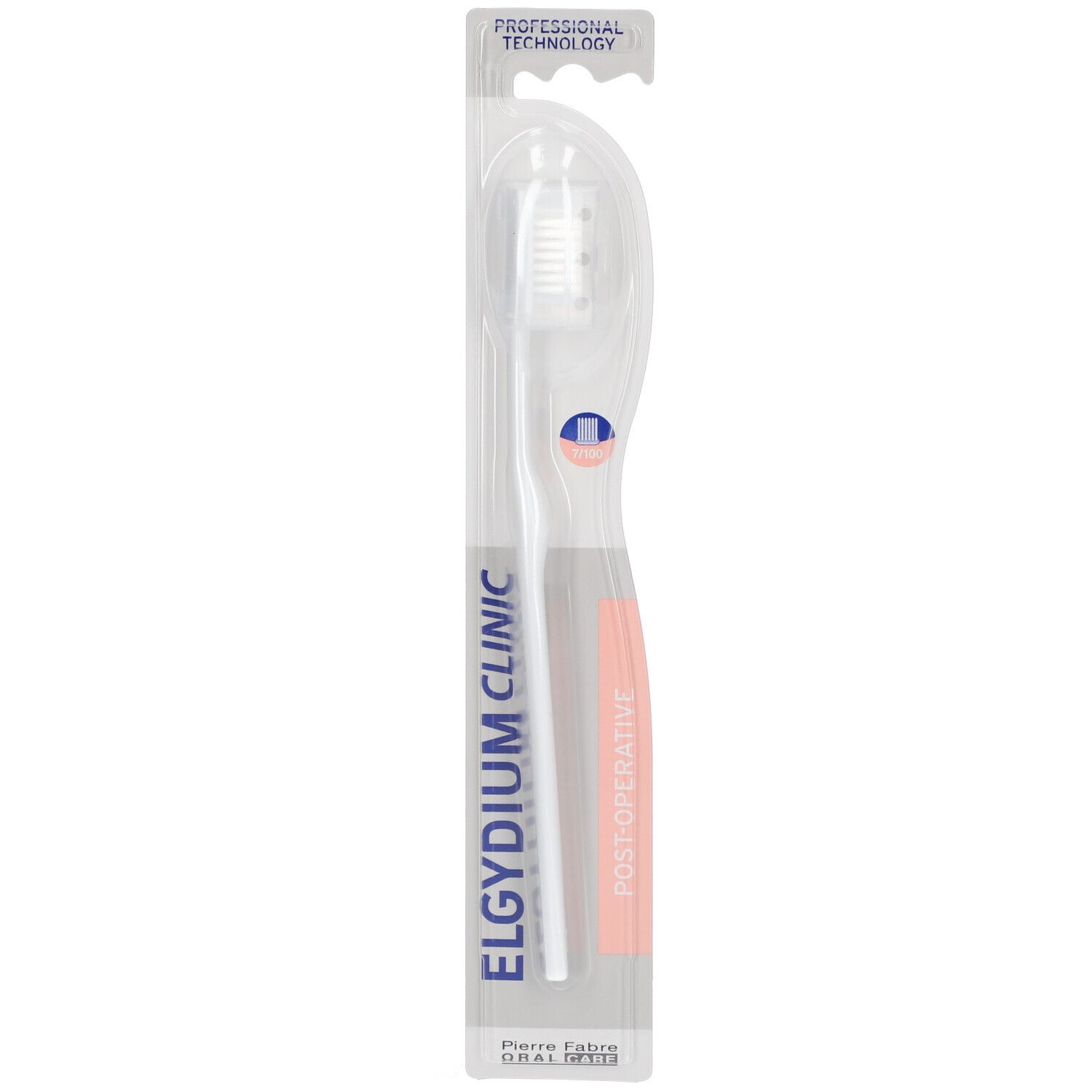 Brosse à dents sous blister. Manche blanc, tête transparente. Inscription : ELGYDIUM CLINIC, POST-OPERATIVE.