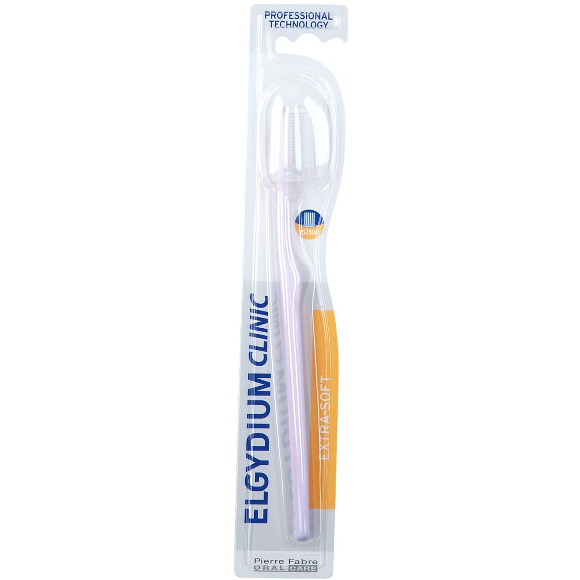 Brosse à dents Elgydium Clinic extra soft, emballage blister. Tête blanche, manche violet avec accent jaune. Texte : Professional Technology.