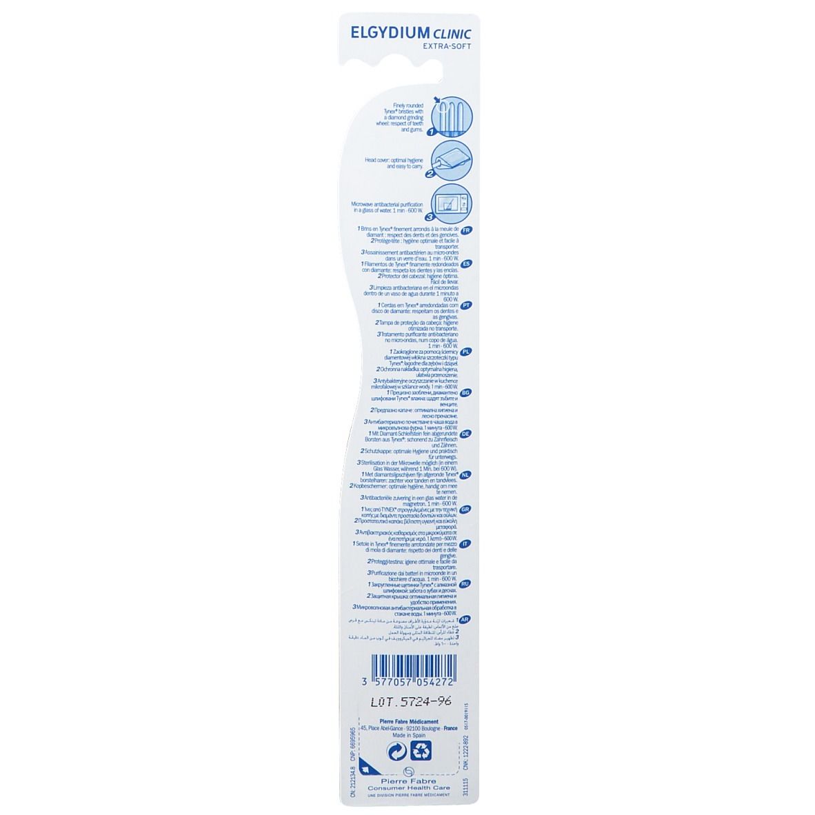 Dos de l'emballage de la brosse à dents Elgydium Clinic. Texte et pictogrammes. Informations produit et coordonnées fabricant.