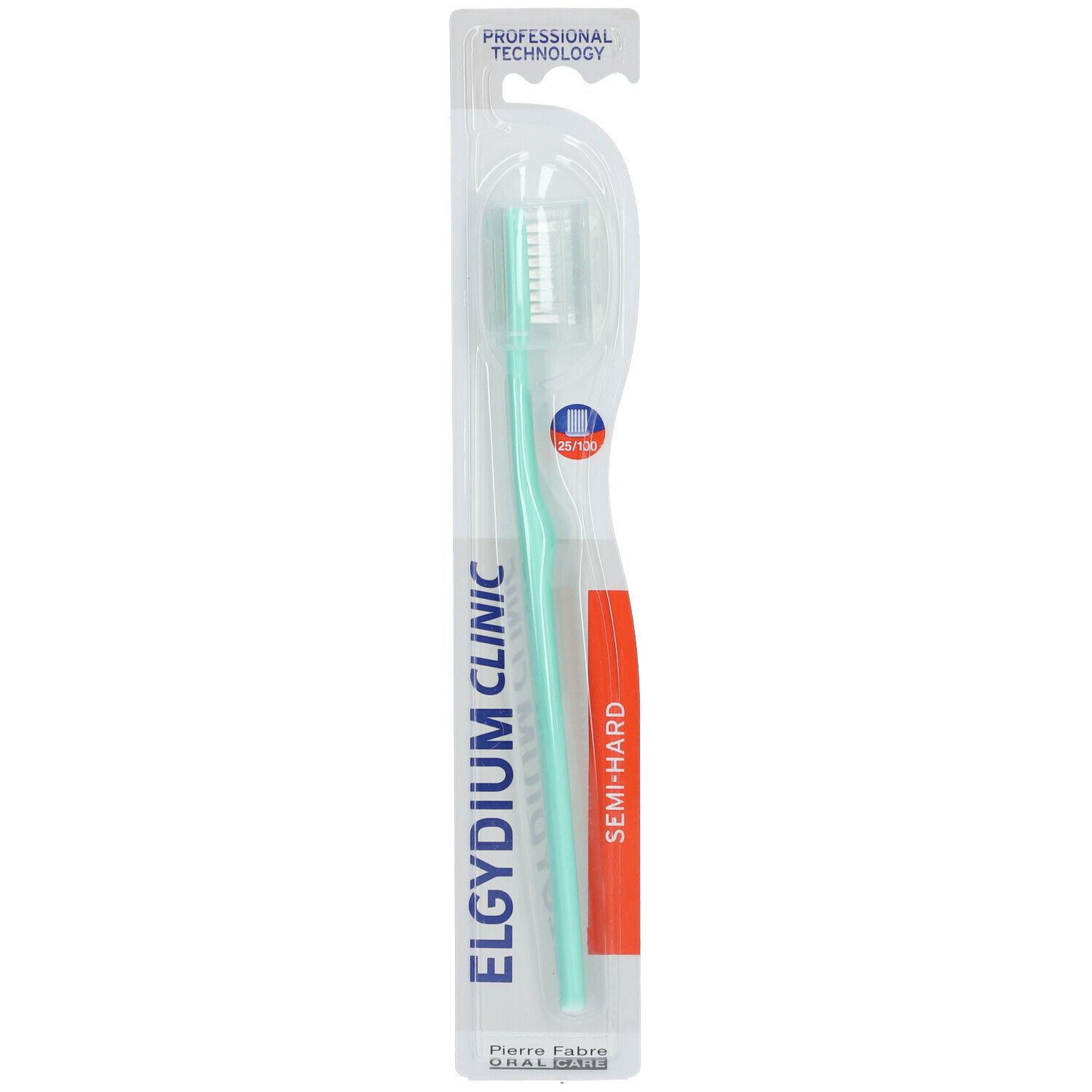 Brosse à dents Elgydium Clinic semi-dure, emballée. Manche vert, tête blanche. Technologie professionnelle.