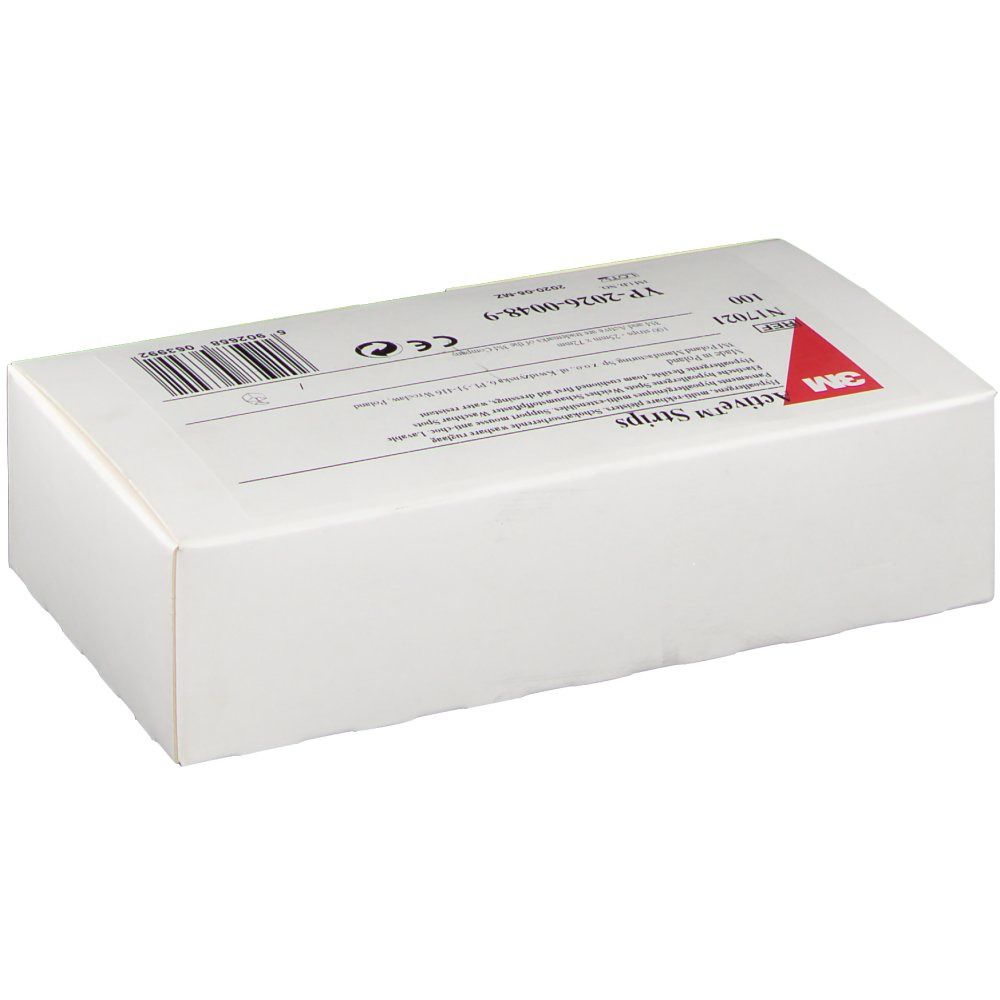 Boîte rectangulaire blanche avec logo 3M rouge et texte. Contient des pansements. Inscriptions : Active Strips, marquage CE, code-barres.