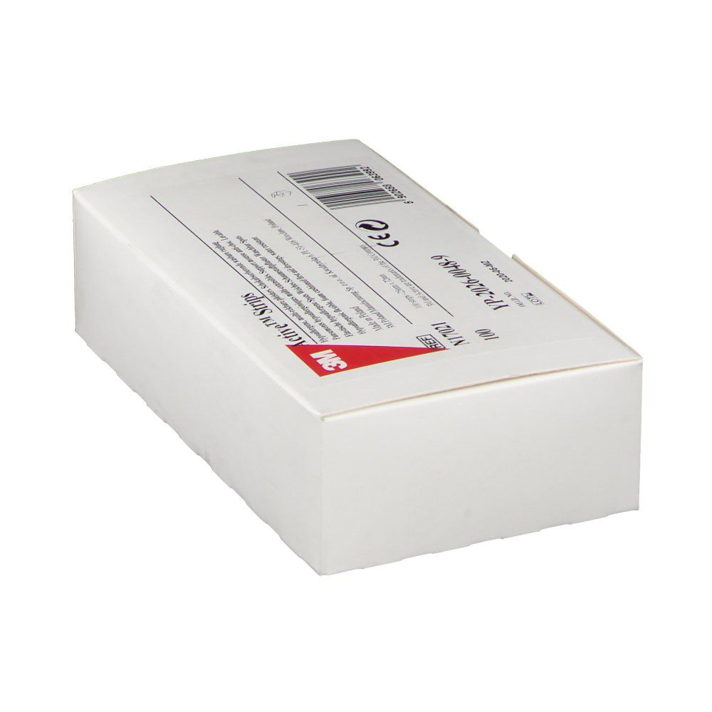Boîte rectangulaire blanche avec logo 3M rouge et texte. Contient des pansements. Inscriptions : Active Strips, marquage CE, code-barres.