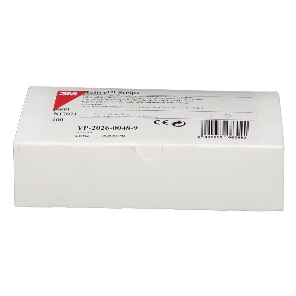 Boîte rectangulaire blanche avec logo 3M rouge et texte. Contient des pansements. Inscriptions : Active Strips, marquage CE, code-barres.