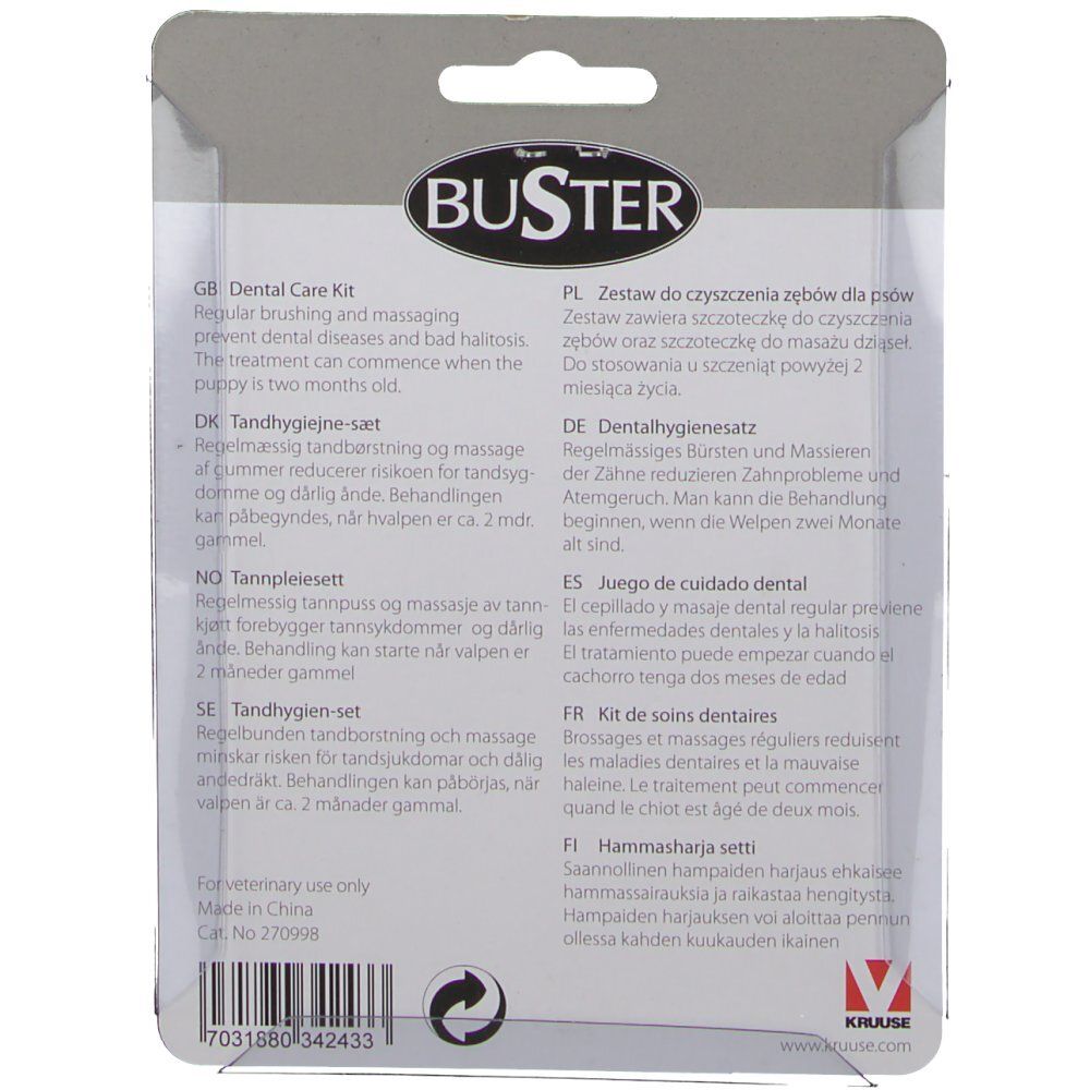 Rückseite der Verpackung mit mehrsprachigen Produktinformationen. Textabschnitte in Deutsch, Englisch, Dänisch, Norwegisch, Schwedisch, Polnisch und Finnisch.