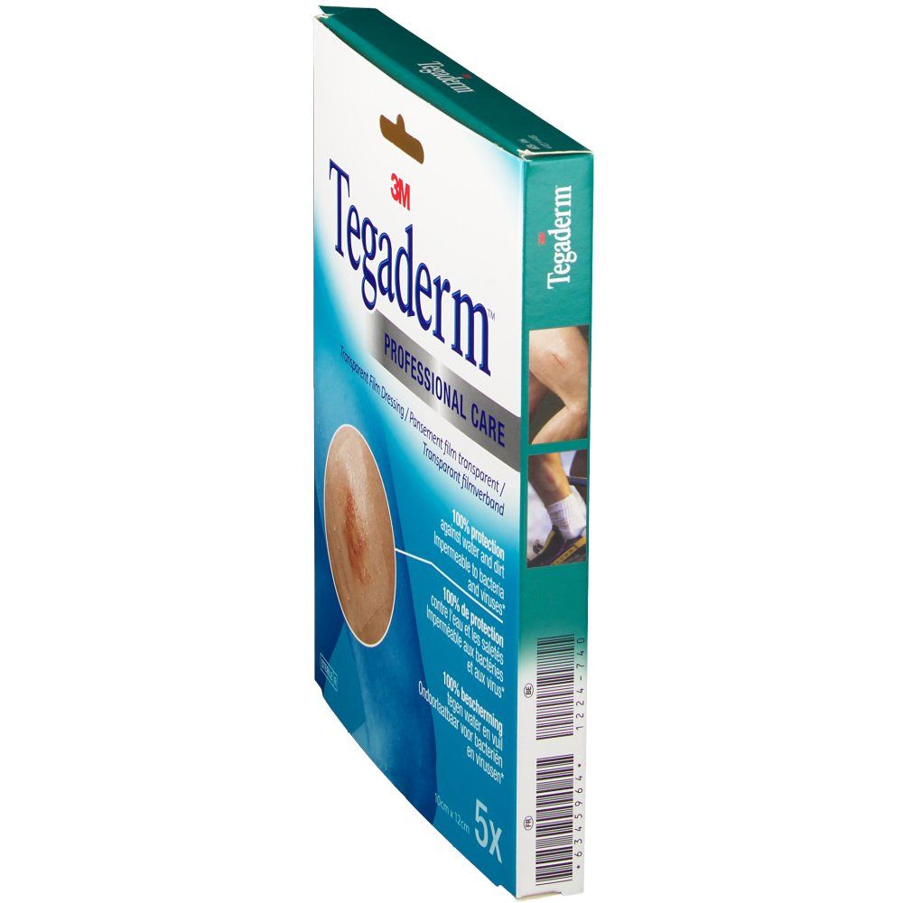 Vue latérale de la boîte 3M Tegaderm Film. Contient 5 pansements film transparents. Dimensions : 10cm x 12cm. Texte : Protection 100% contre l'eau, la saleté, les bactéries et les virus.