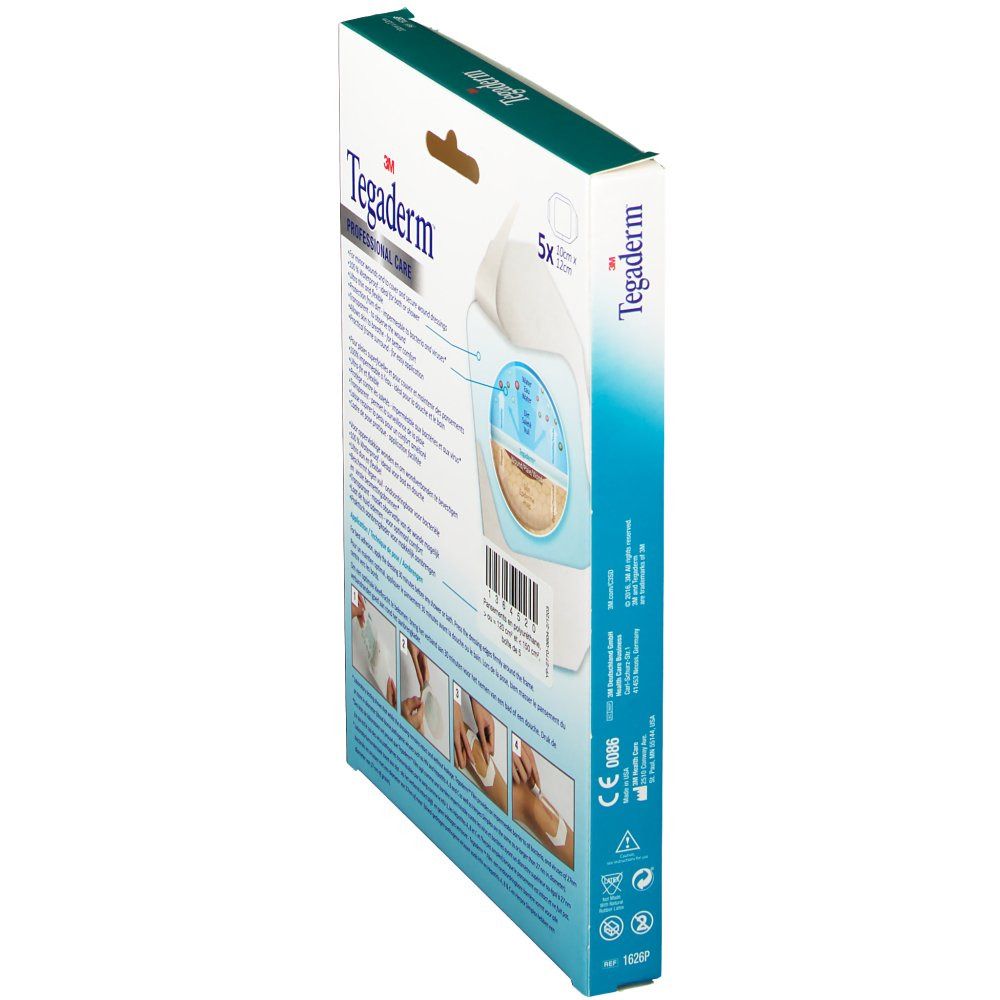 Vue latérale de la boîte 3M Tegaderm Film. Instructions d'application au dos. Contient 5 pansements film transparents. Dimensions : 10cm x 12cm. Marquage CE.