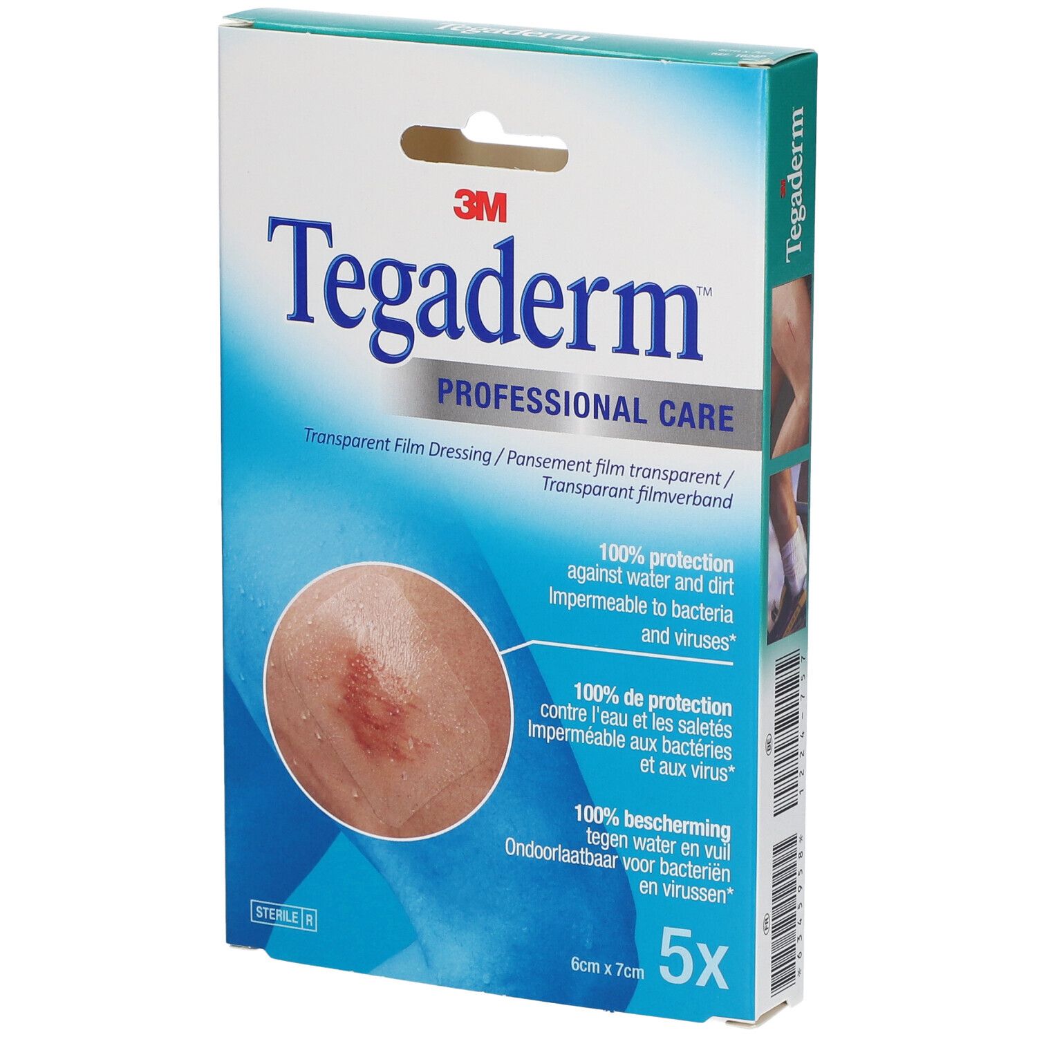 Boîte de 3M Tegaderm. Inscription : Professional Care, pansement film transparent, 6x7cm, 5 pièces. Illustration d'une section de peau.