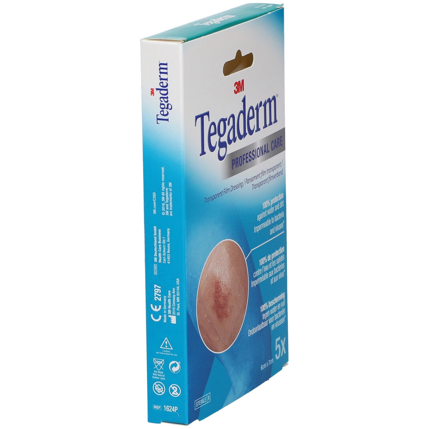 Boîte de 3M Tegaderm en biais. Inscription : Professional Care, pansement film transparent, 6x7cm, 5 pièces. Illustration d'une section de peau.