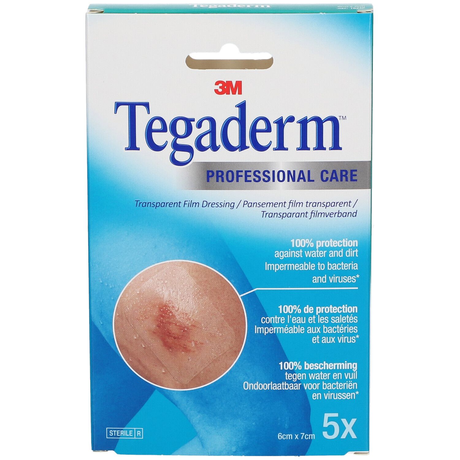 Boîte de 3M Tegaderm. Inscription : Professional Care, pansement film transparent, 6x7cm, 5 pièces. Illustration d'une section de peau.