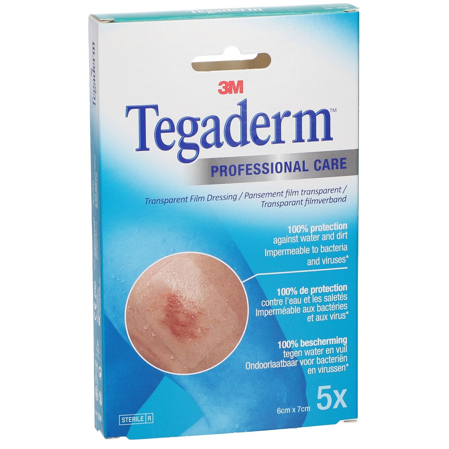 Boîte de 3M Tegaderm. Inscription : Professional Care, pansement film transparent, 6x7cm, 5 pièces. Illustration d'une section de peau.