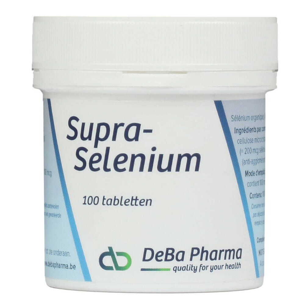 Witte tablettenpot met deksel. Opschrift Supra-Selenium, 100 tabletten. DeBa Pharma logo.