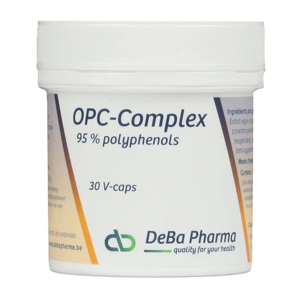 Boîte blanche avec inscription OPC-Complex, 95 % polyphénols, 30 V-caps. Logo DeBa Pharma.