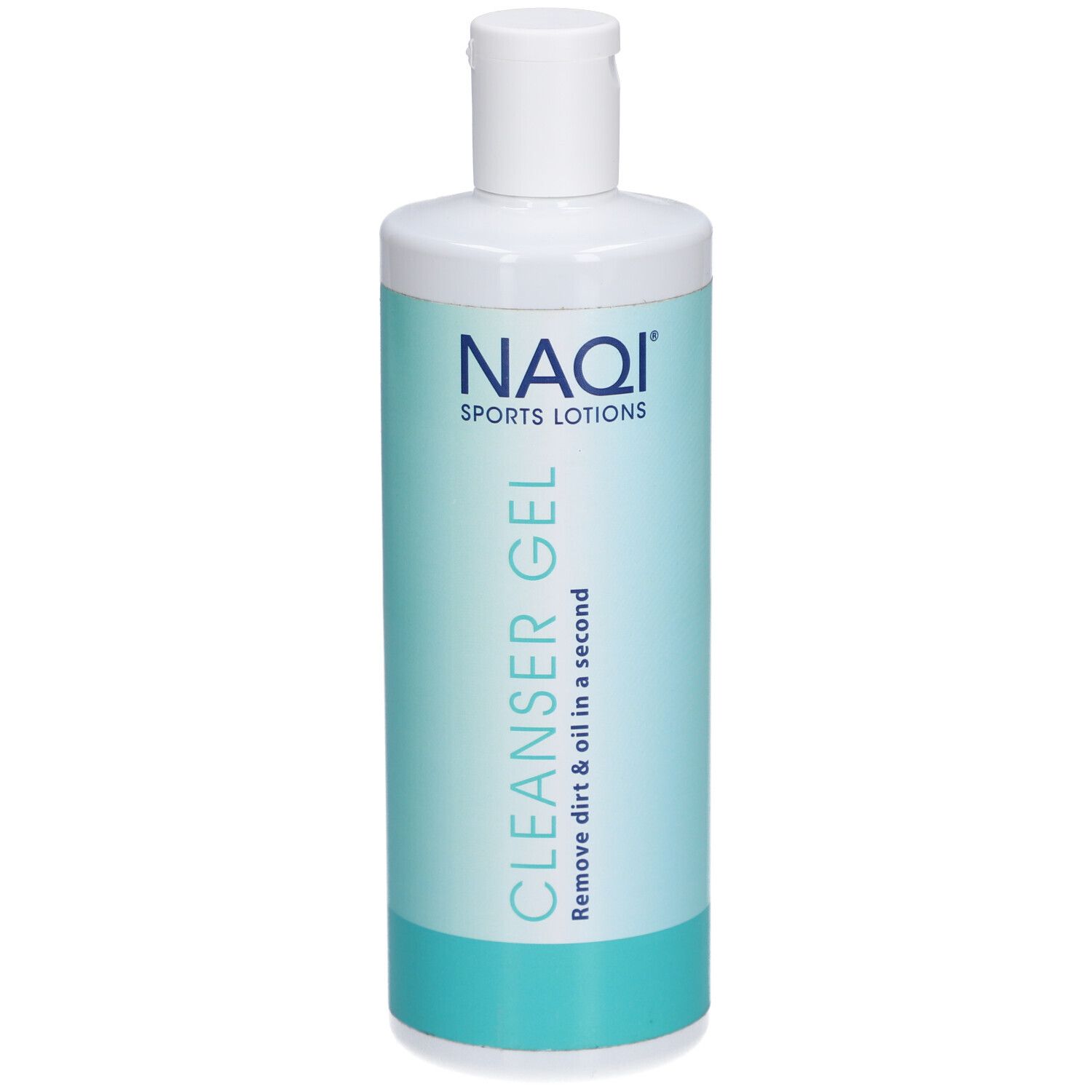 Flacon cylindrique à bouchon blanc. Étiquette turquoise et blanche avec "NAQI" et "CLEANSER GEL".
