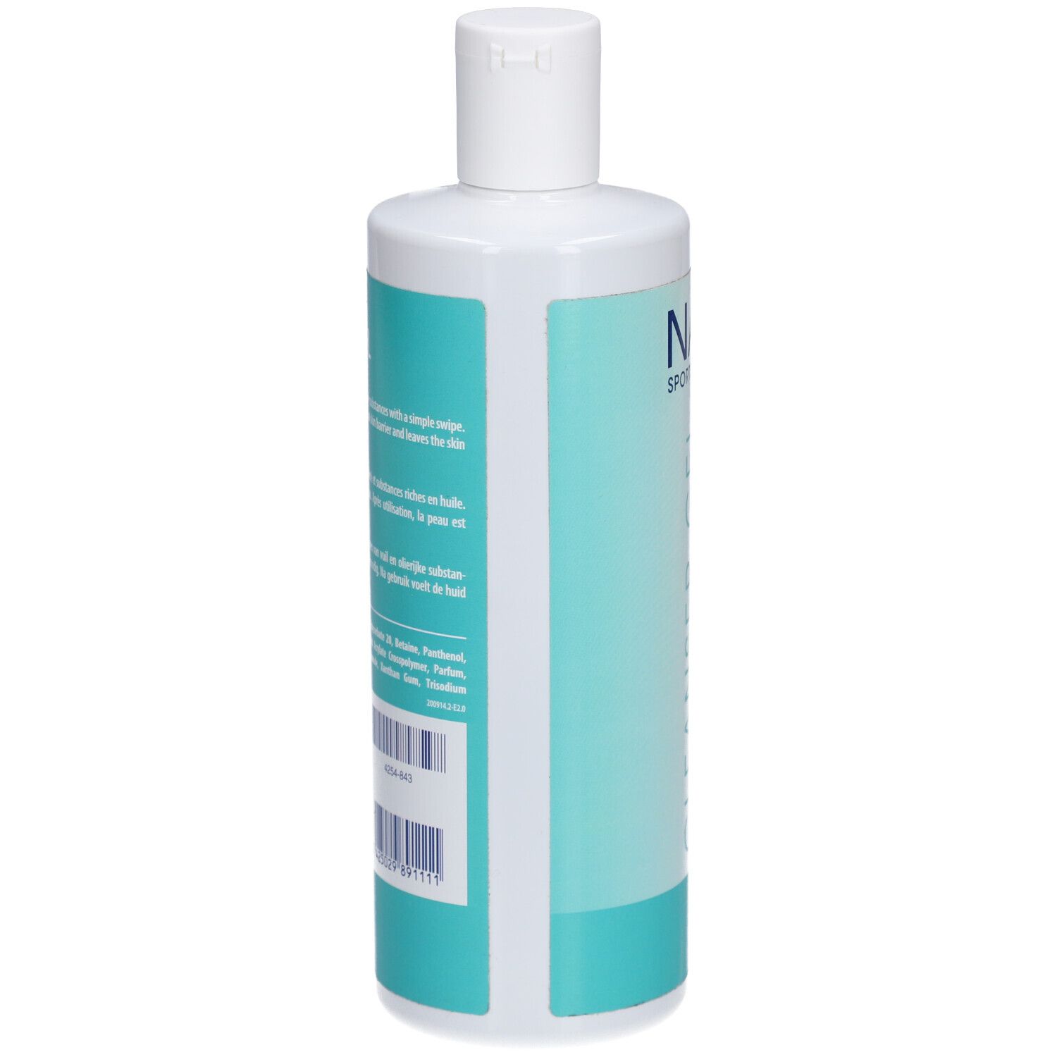 Vue arrière d'un flacon cylindrique. Étiquette turquoise et blanche avec texte et code-barres. Bouchon blanc.