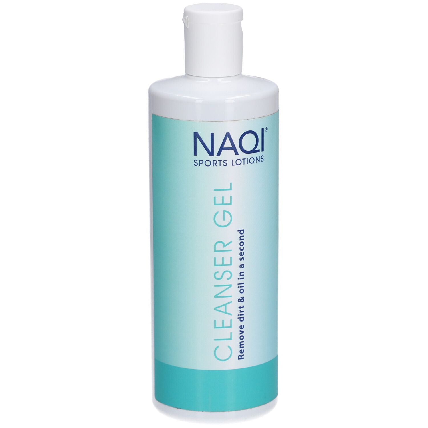 Flacon cylindrique à bouchon blanc. Étiquette turquoise et blanche avec "NAQI" et "CLEANSER GEL".