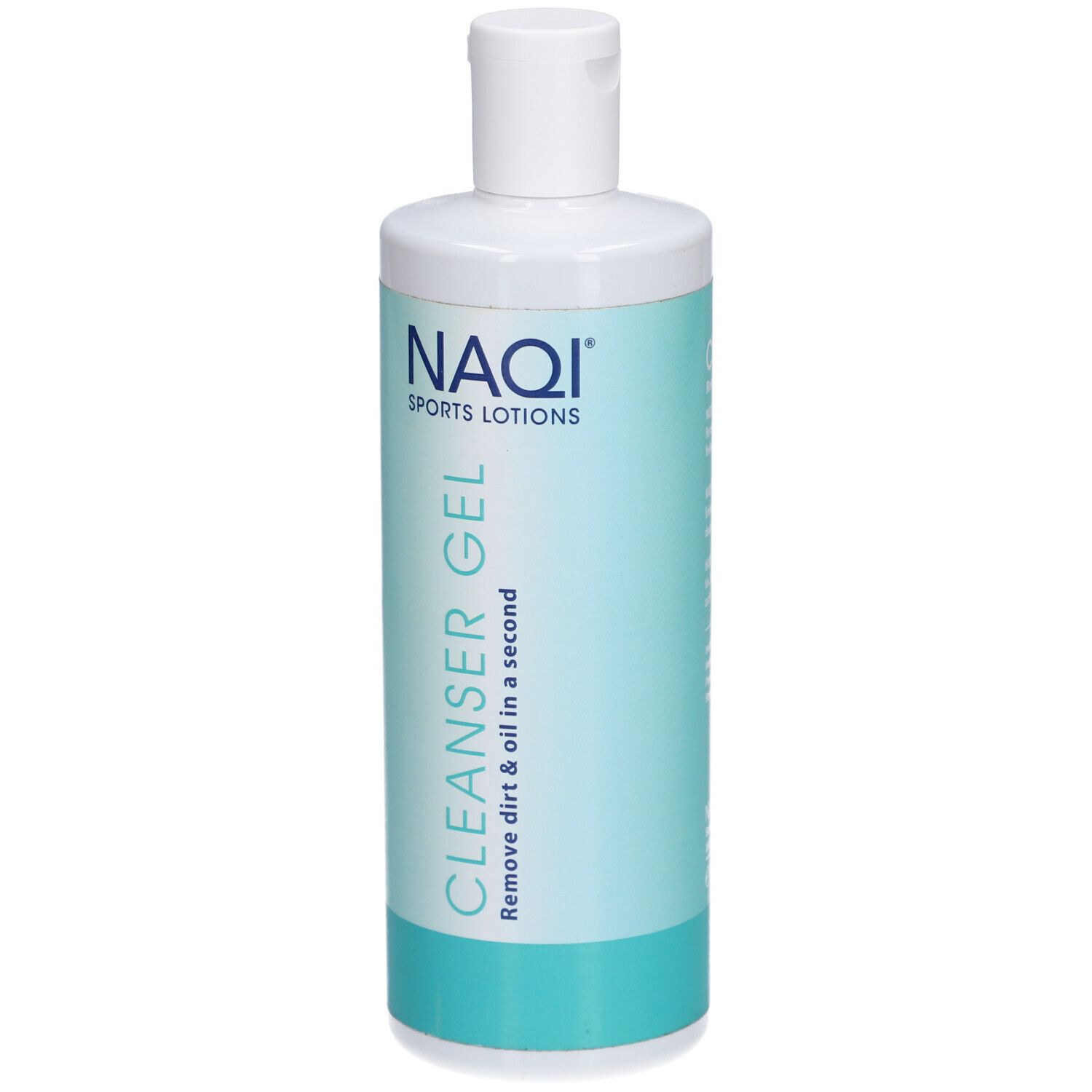 Flacon cylindrique à bouchon blanc. Étiquette turquoise et blanche avec "NAQI" et "CLEANSER GEL".