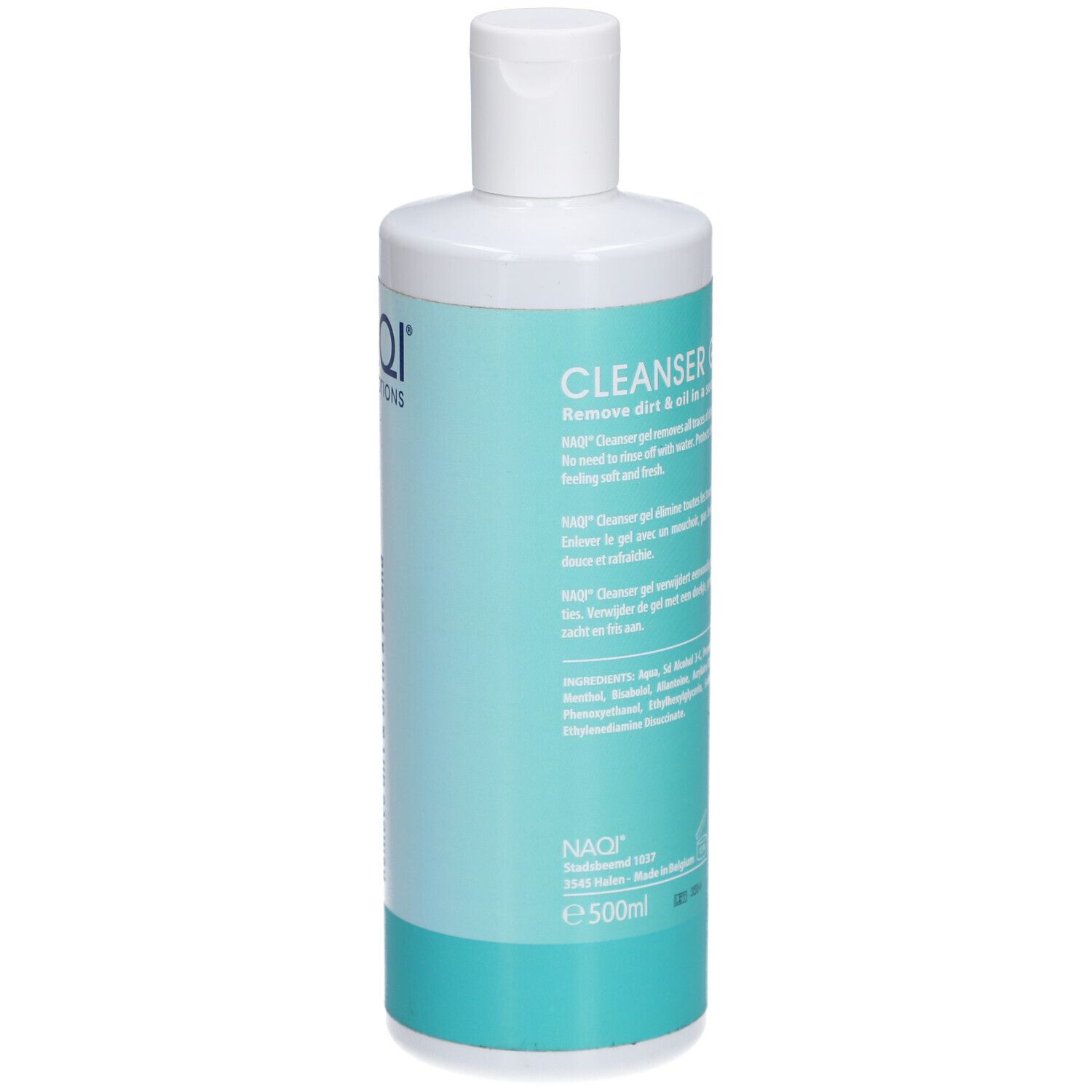 Flacon cylindrique à bouchon blanc. Étiquette turquoise et blanche avec "NAQI" et "CLEANSER GEL". Indication de volume.