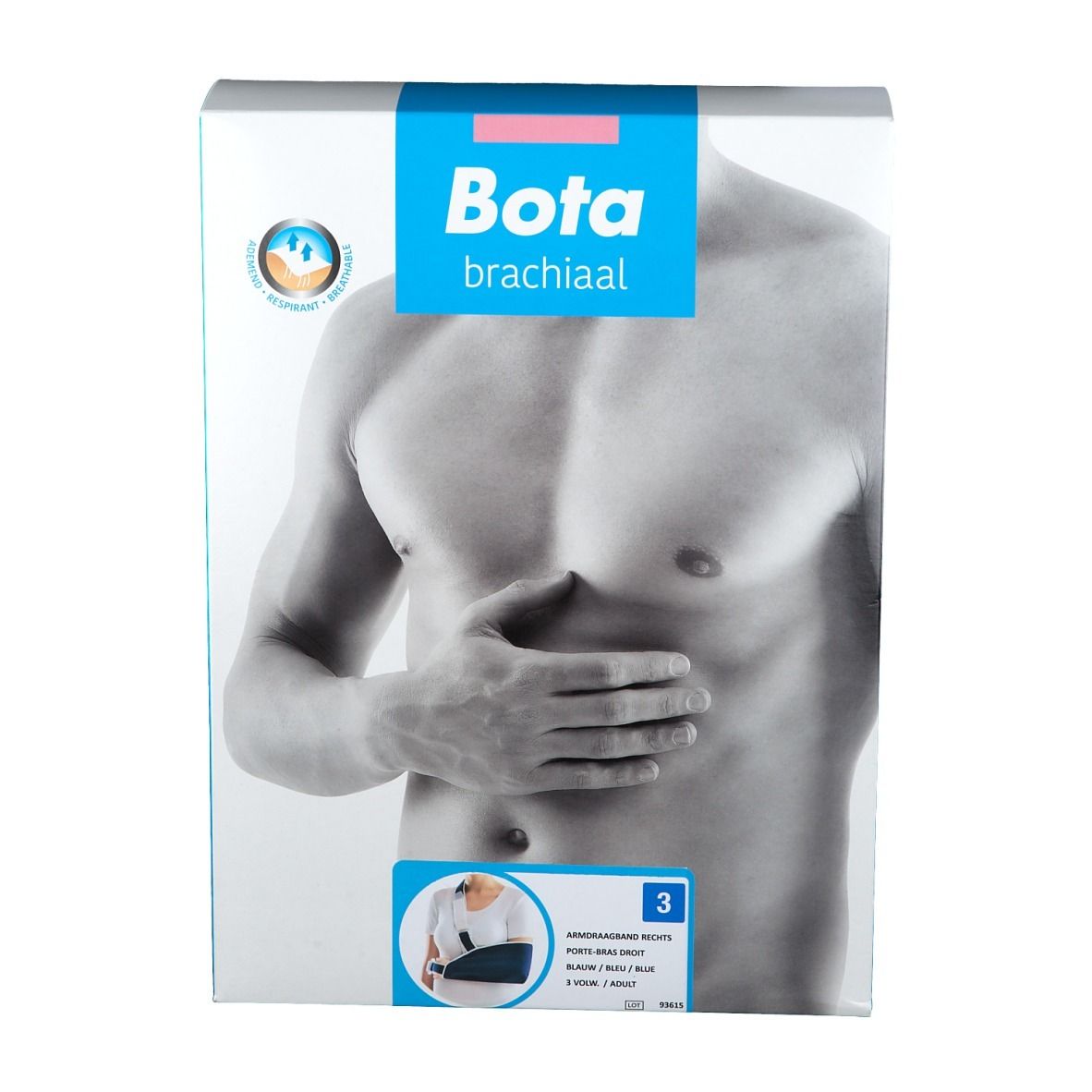 Emballage Bota Armsling. Inscription: Bota, brachial. Illustration d'un torse. L'emballage montre une image du produit.