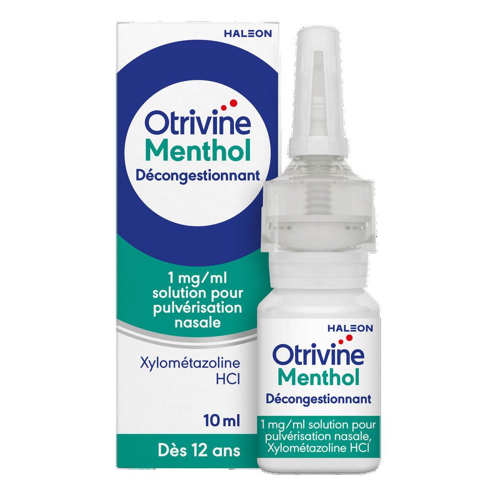 Emballage et flacon de spray nasal. Inscription : Otrivine Menthol, 1 mg/ml, solution pour pulvérisation nasale.