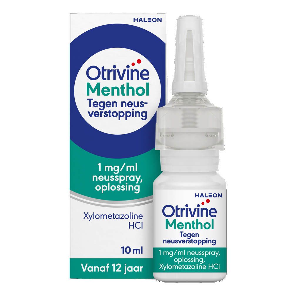 Verpakking en neussprayfles. Opschrift: Otrivine Menthol, 1 mg/ml, oplossing voor neusspray.