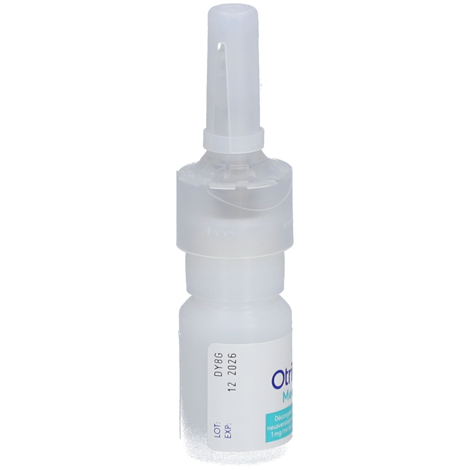 Flacon de spray nasal blanc avec embout. Étiquette avec date de péremption et numéro de lot.