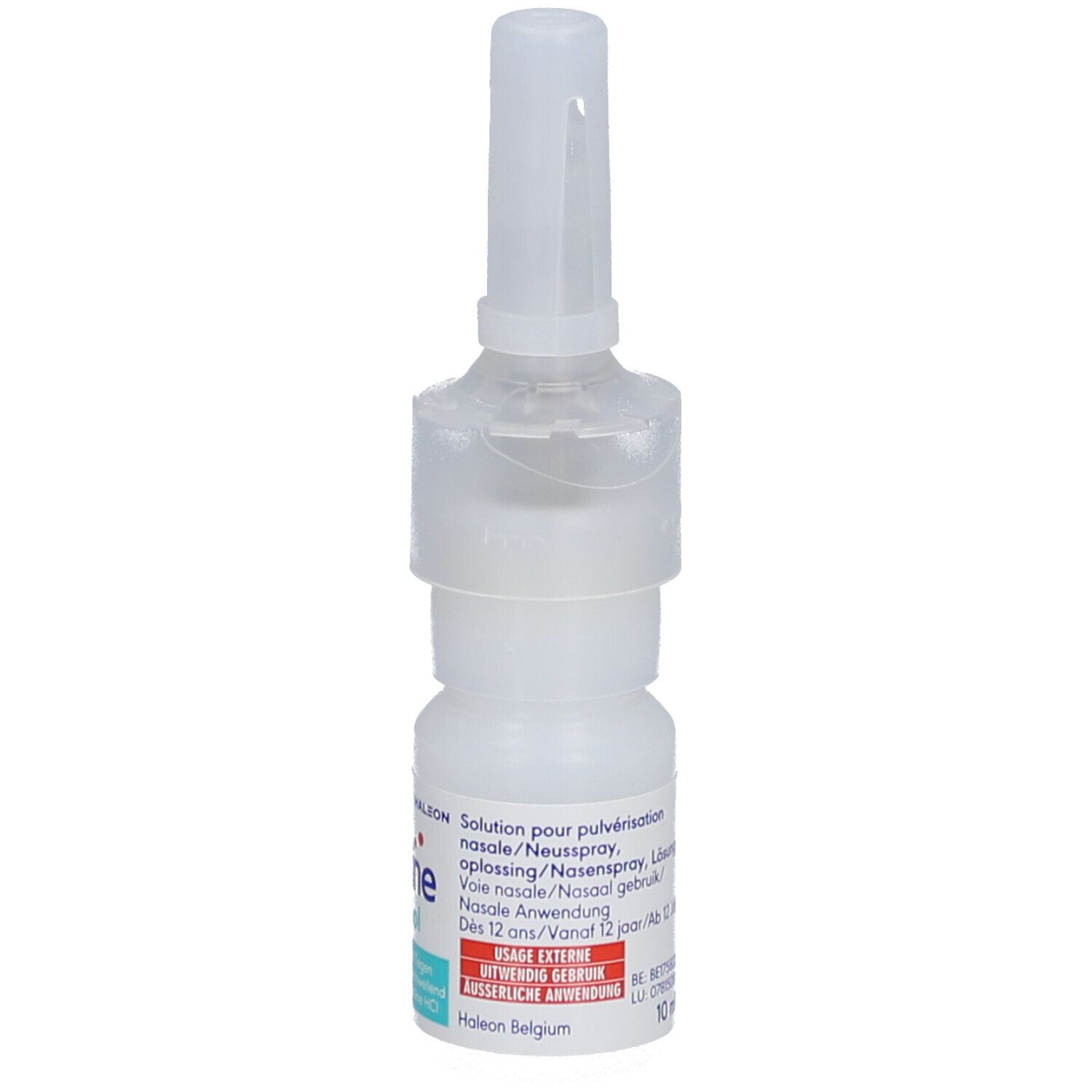Flacon de spray nasal blanc avec embout. Inscription : Otrivine, solution pour pulvérisation nasale.