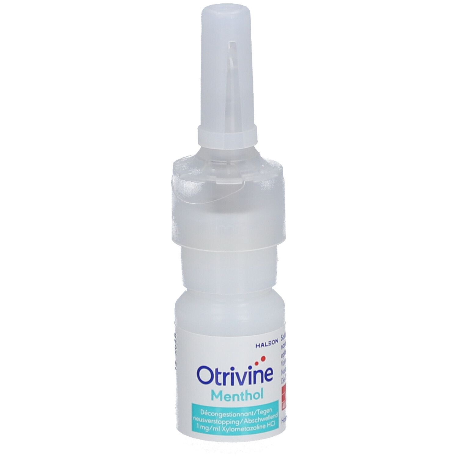 Flacon de spray nasal blanc avec embout. Inscription : Otrivine Menthol, solution pour pulvérisation nasale.