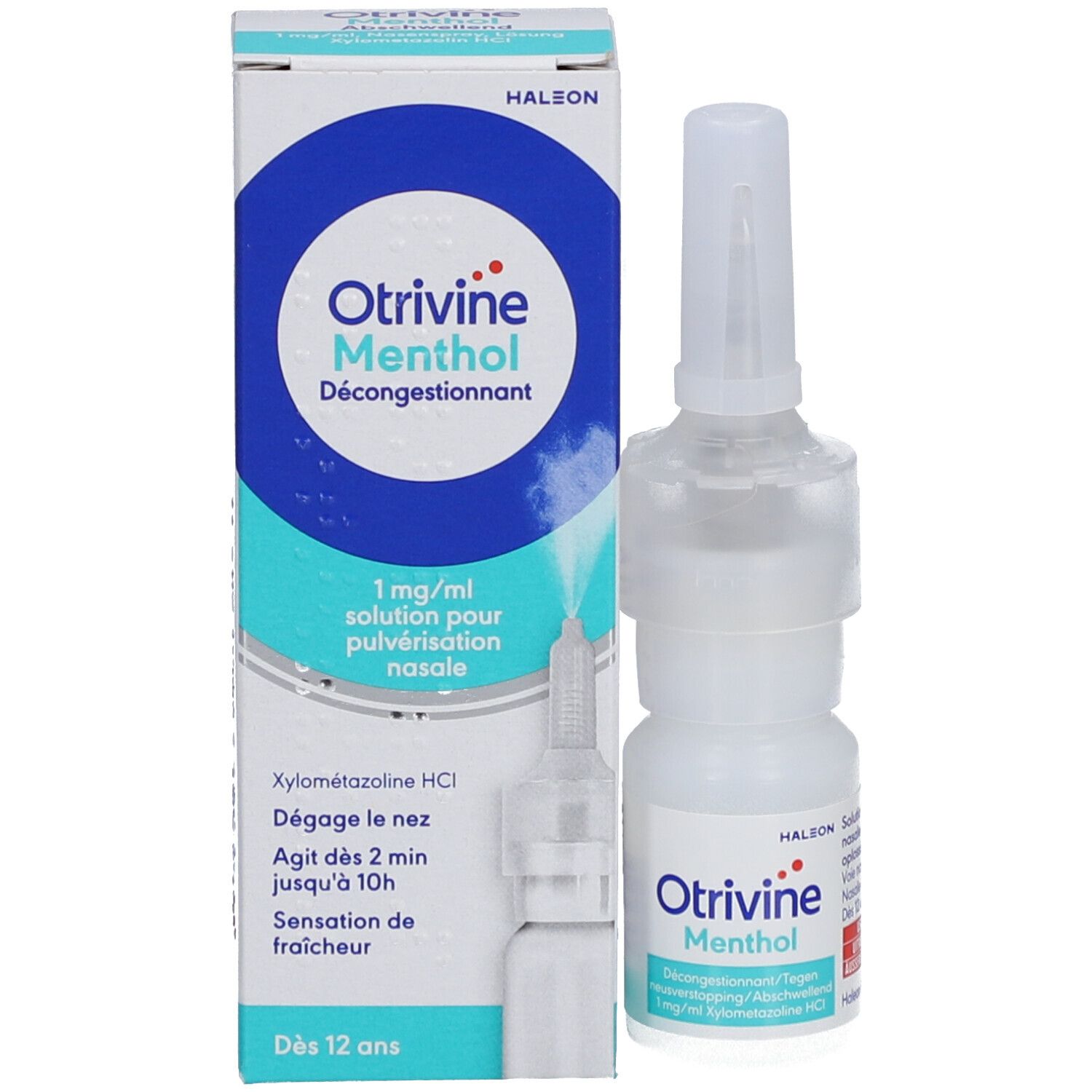 Emballage du produit avec flacon de spray nasal. Inscription : Otrivine Menthol, 1 mg/ml, solution pour pulvérisation nasale.