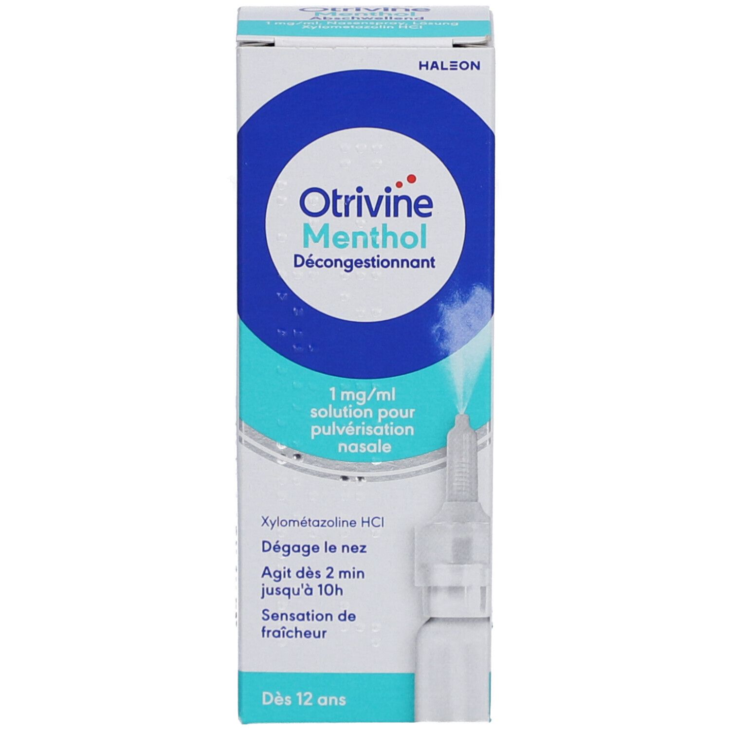 Emballage du produit avec flacon de spray nasal. Inscription : Otrivine Menthol, 1 mg/ml, solution pour pulvérisation nasale.