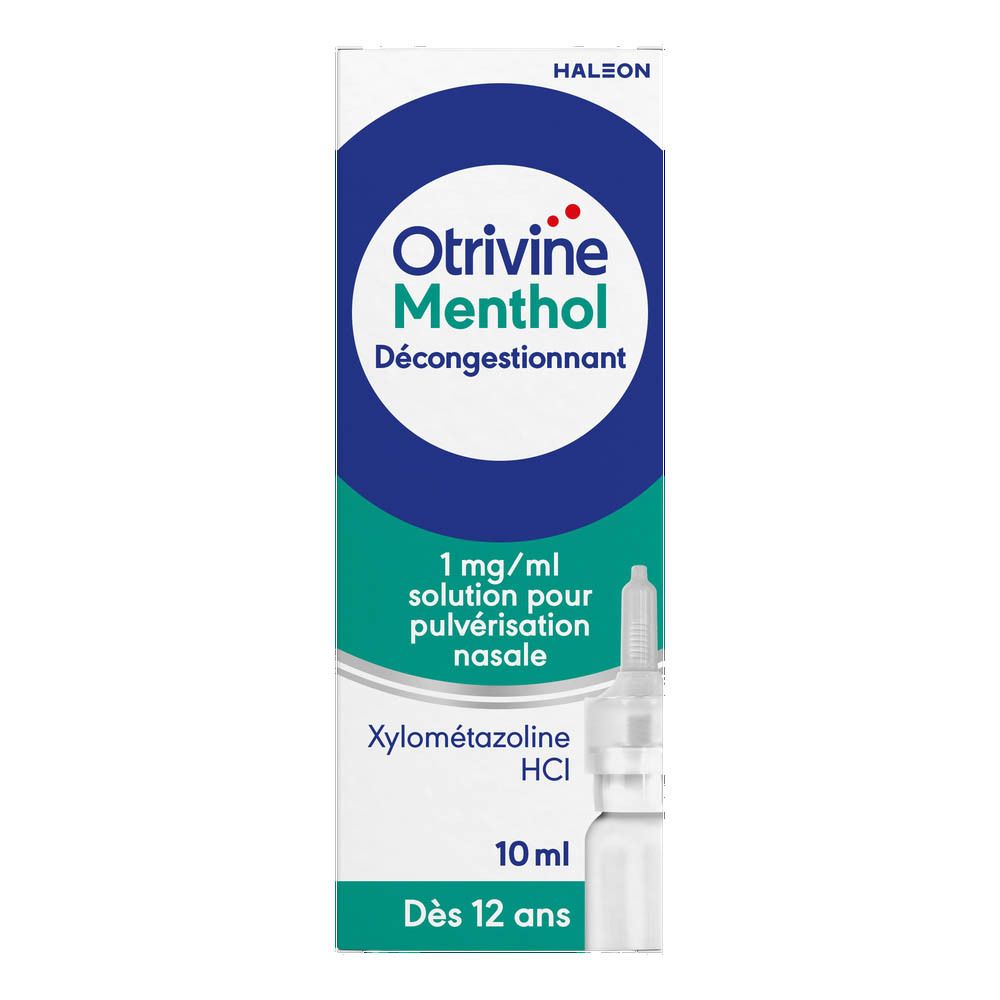 Emballage et flacon de spray nasal. Inscription : Otrivine Menthol, 1 mg/ml, solution pour pulvérisation nasale.
