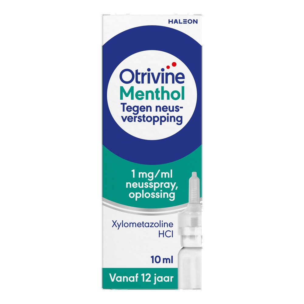 Verpakking en neussprayfles. Opschrift: Otrivine Menthol, 1 mg/ml, oplossing voor neusspray.