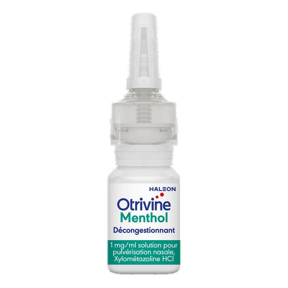 Emballage et flacon de spray nasal. Inscription : Otrivine Menthol, 1 mg/ml, solution pour pulvérisation nasale.