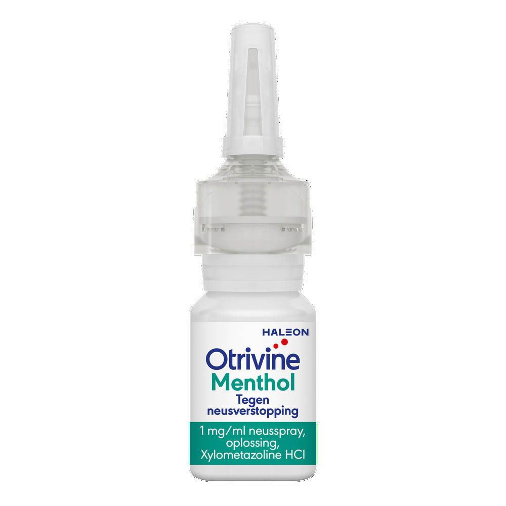 Verpakking en neussprayfles. Opschrift: Otrivine Menthol, 1 mg/ml, oplossing voor neusspray.